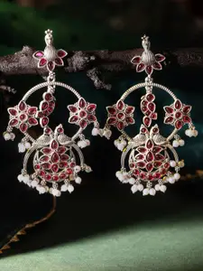Priyaasi Silver-Plated Oxidized Kundan Stone Studded & Pearls Beaded Drop Earrings