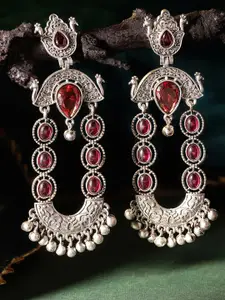 Priyaasi Silver-Plated Oxidized Stone Studded Contemporary Drop Earrings