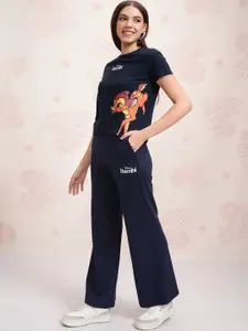 Tokyo Talkies Navy Blue Disney Bambi Printed Pure Cotton T Shirt With Trouser
