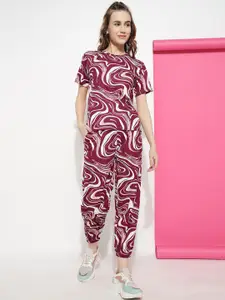 Roadster Burgundy Printed Round Neck Short Sleeves T-Shirt With Jogger