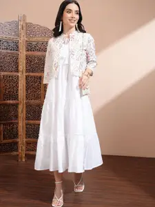 Vishudh  Women Floral Printed Ruffles Tiered Cotton A-Line Midi Dress With Jacket