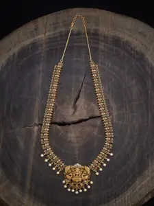 Kushal's Fashion Jewellery Gold-Plated Stone Studded & Beaded Temple Antique Necklace
