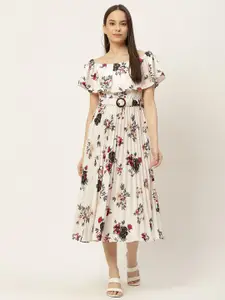 Slenor Women Floral Printed Square Neck Cape Sleeve Fit & Flared Midi Dress