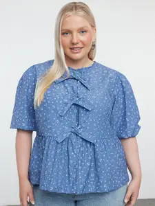 Trendyol Women Plus Size Floral Printed Puff Sleeve Empire Top