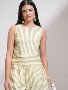 Tokyo Talkies Yellow Striped Round Neck Sleeveless Pure Cotton Top With Shorts