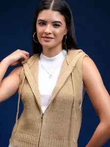 Tokyo Talkies Women Hooded Sleeveless Cardigan Sweater