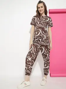 Roadster Coffee Brown Printed Round Neck Short Sleeves T-Shirt With Jogger