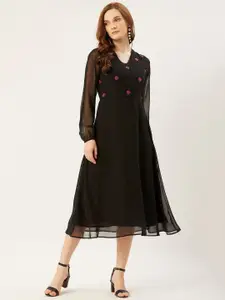 Slenor  Georgette Embroidered V-Neck Puff Sleeve A-Line Midi Dress