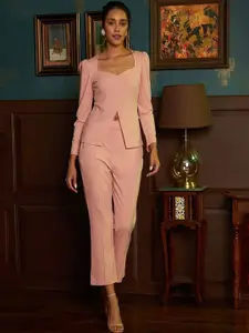 Roadster Peach Sweetheart Neck Long Sleeves Top With Trouser