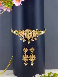 PRIVIU Gold-Plated Kundan-Studded & Beaded Shree Krishna Necklace and Earrings