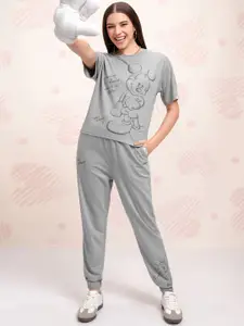 Tokyo Talkies Grey Disney Mickey Mouse Printed Pure Cotton T Shirt With Jogger