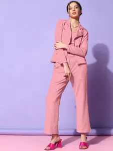 Roadster Peach Off-Shoulder Sleeveless Top With Blazer With Trouser