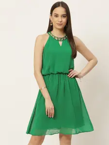 Slenor Women Embellished Halter Neck A-Line Mini Dress