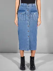 SASSAFRAS Women Pencil Cargo Styles Midi Denim Skirt