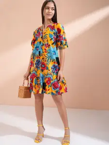 Vishudh Women Floral Print V-Neck Puff Sleeve A-Line Dress