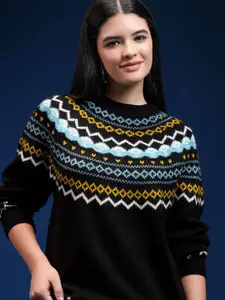 Tokyo Talkies Women Fair Isle Round Neck Long Sleeves Pullover Sweater