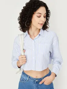 max Women Spread Collar Vertical Striped Casual Shirt