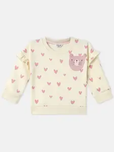 Nauti Nati Nautinati Girls' Heart Printed and Cat Applique Full Sleeves Fleece Sweatshirt