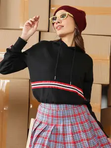 Campus Sutra Women Striped Long Sleeves Hooded Pullover Sweatshirt