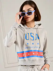 SASSAFRAS Women Printed Hooded Neck Cotton Pullover Crop Sweatshirt
