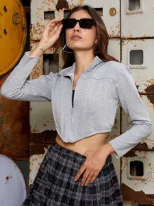 Campus Sutra Women Solid High Neck Cotton Sweatshirt