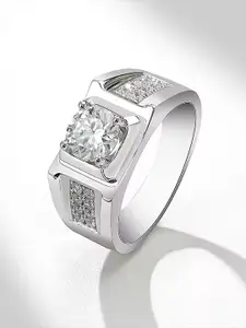 Lila Men Sterling Silver-Plated American Diamond Stone Studded Adjustable Finger Ring