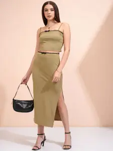 Tokyo Talkies Khaki Shoulder Straps Neck Sleeveless Top With Skirt