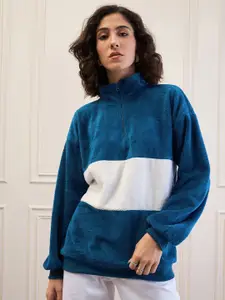 SASSAFRAS Women Colourblocked Mock Collar Pullover Sweatshirt