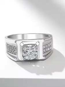 Lila Men 925 Sterling Silver-Plated American Diamond Stone Studded Adjustable Finger Ring