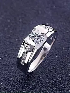 Lila Men Sterling Silver-Plated American Diamond Stone Studded Adjustable Finger Ring