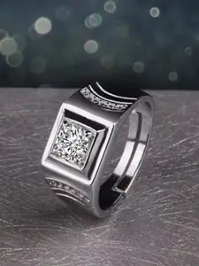 Lila Men Sterling Silver Plated American Diamond Stone Studded Adjustable Finger Ring