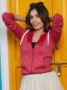 Campus Sutra Women Hooded Neck Cotton Front-Open Sweatshirt