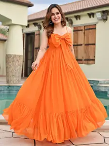 Ziva Fashion Women Shoulder Straps Georgette Maxi Dress With Bow Detailed