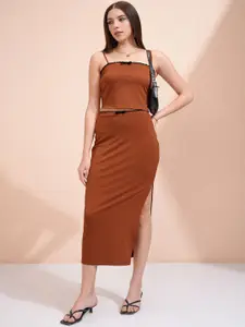 Tokyo Talkies Rust Shoulder Straps Neck Sleeveless Top With Skirt