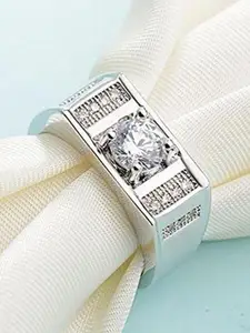 Lila Men Sterling Silver-Plated American Diamond Stone Studded Adjustable Finger Ring