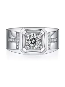 Lila Men Sterling Silver-Plated American Diamond Stone Studded Adjustable Finger Ring