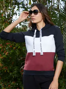 Campus Sutra Women Colourblocked Hooded Cotton Sweatshirt