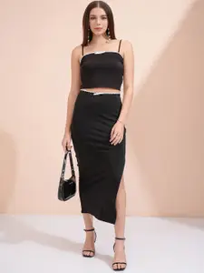 Tokyo Talkies Black Shoulder Straps Neck Sleeveless Top With Skirt