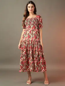 BAESD Floral Print Puff Sleeve Georgette A-Line Midi Dress
