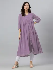 Janasya Women Lavender Dobby Chiffon Self Design Flared Kurta