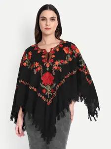 HAUTEMODA Floral Embroidered Flared Sleeve Woollen Kaftan Shrug