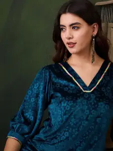 Sangria Teal Floral Self Design V-Neck Three-Quarter Sleeves Velvet Top With Trouser