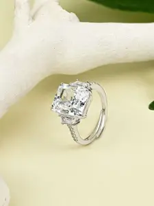 TOUCH925 Pure Silver Cubic Zirconia-Studded Majestic Trio Adjustable Finger Ring