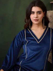 Sangria Blue V-Neck Three-Quarter Sleeves Velvet Top With Trouser