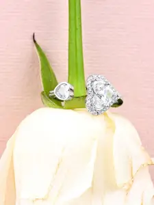 TOUCH925 Silver Two Heart Stone-Studded Adjustable Finger Ring