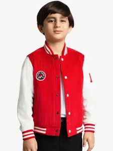 Ed-a-Mamma Boys Typography Corduroy Outdoor Varsity Jacket with Patchwork