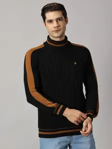 BLACK BUCK Cable Knit Colourblocked Turtle Neck Sweater