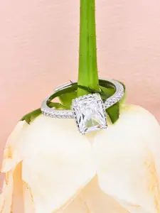 TOUCH925 Pure Silver Rectangular CZ-Studded Adjustable Finger Ring