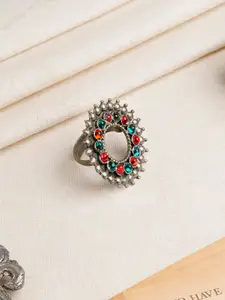 TEEJH Nila Silver-Plated Stone-Studded Oxidised Adjustable Finger Ring