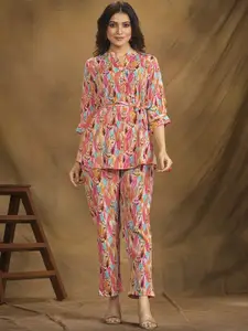 all about you Mandarin Collar Printed Top With Trousers
